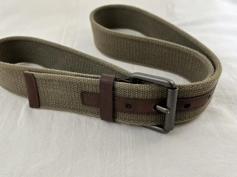 Cotton Leather Belt 40 Brown Trim Military Style Buckle Army Green Beige Webbed